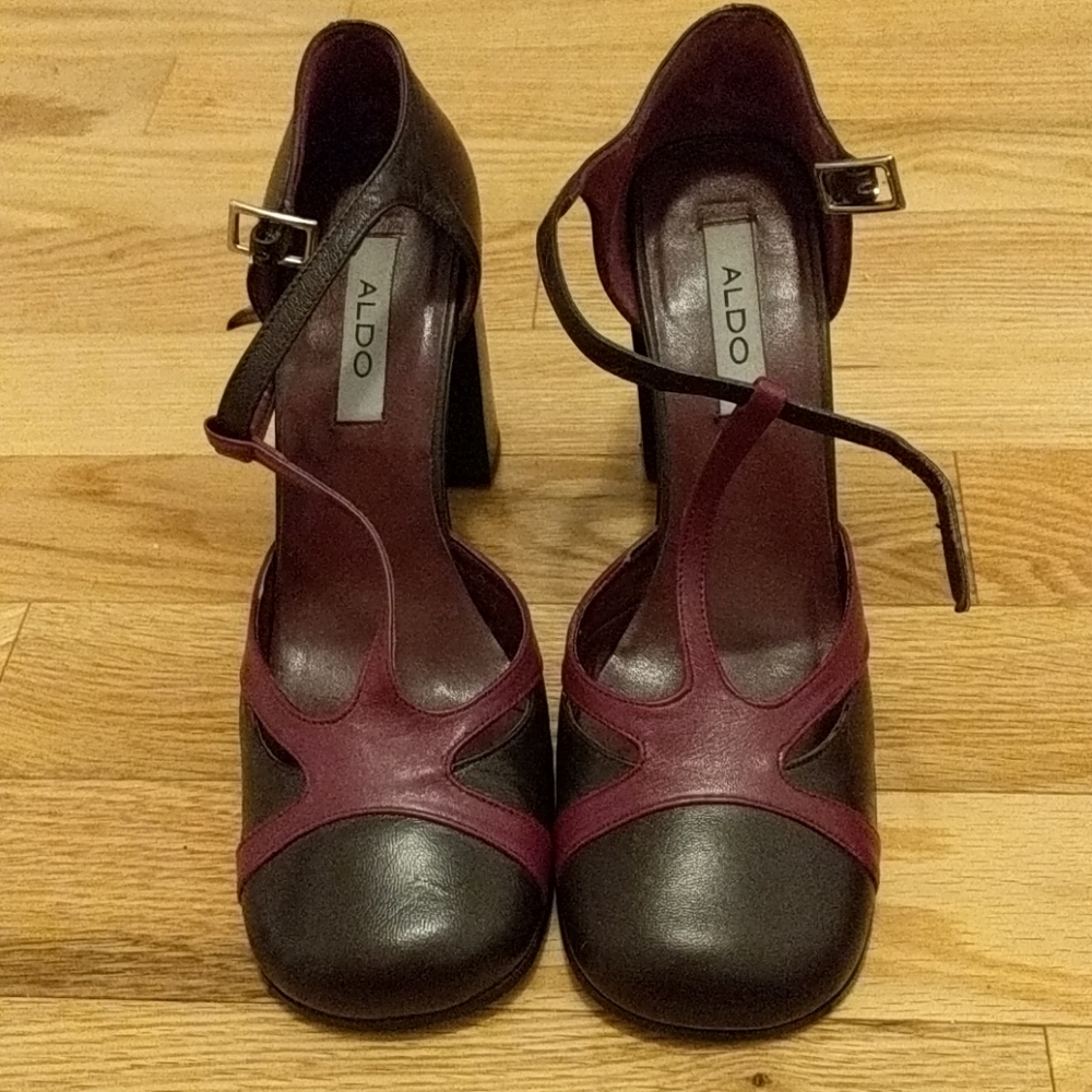 Vintage 90s Aldo Burgundy Leather T-strap Heels